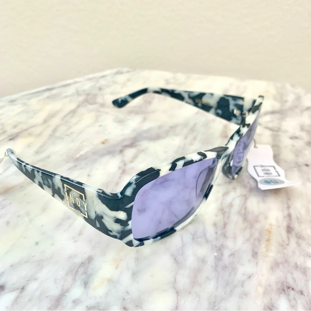 INDY Maui Sunglasses in Black White Marble Tortoise Blue Lens Anthropologie - Picture 7 of 16